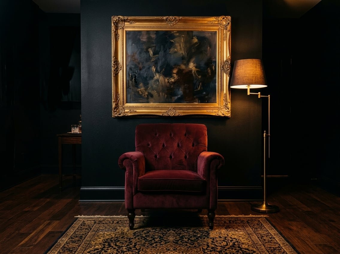 Elegant dark room with gold-framed portrait and burgundy velvet armchair
