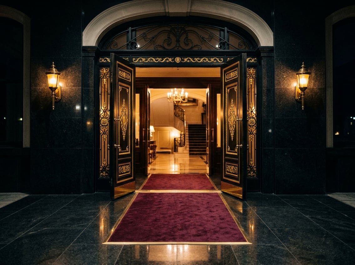 Elegant new casino entrance with gold trim and burgundy carpet