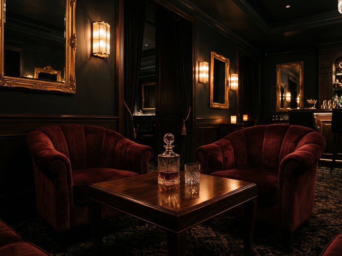 Elegant VIP casino lounge with gold accents and burgundy velvet seating