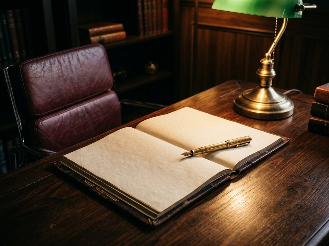 Elegant ledger and pen on dark wood desk with brass reading lamp