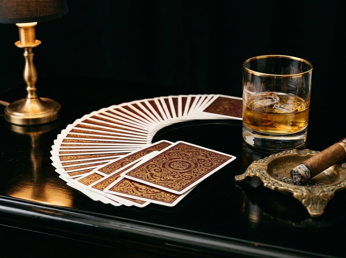 Playing cards fanned on velvet with gold-rimmed accessories